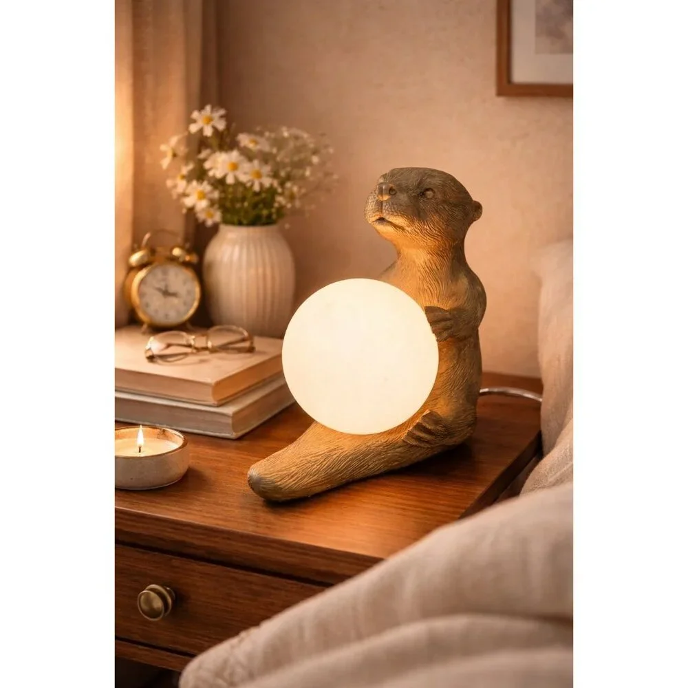 New Retro Gold Round Globe Sea Otter Animal Night Light Kid Bedside Lamp